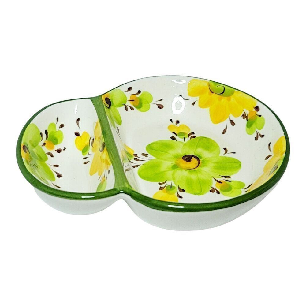 Hand Painted Pottery Olive Dish Portugal White With Yellow Green Flowers Signed
